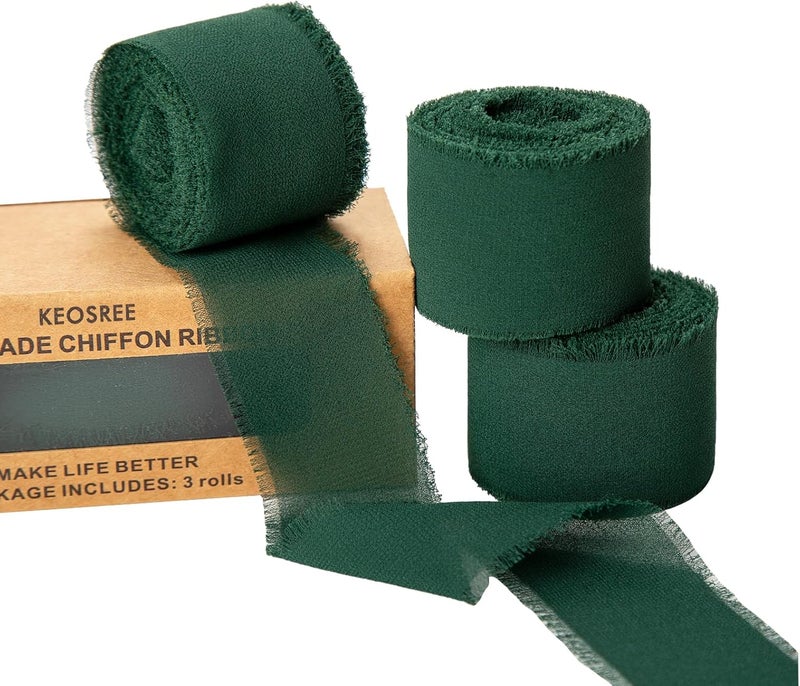 KEOSREE 3 Rolls Dark Green Handmade Chiffon Ribbon,1.5" x 21Yd Frayed Fringe Silk Ribbons (3 Rolls *7Yd) for Gifts Wrapping, Wedding Invitations, Bridal Bouquets, Decorations - Image 1